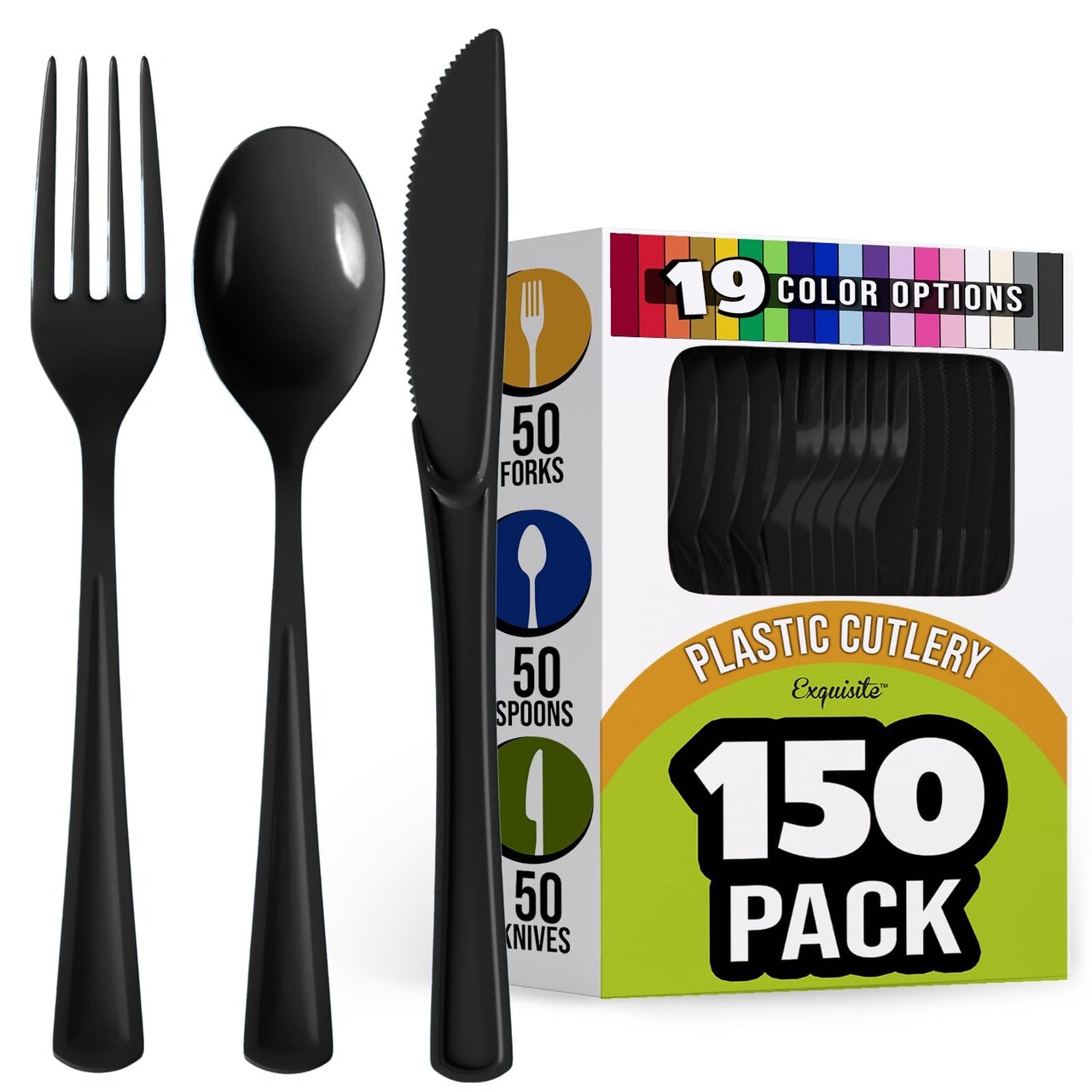 Exquisite Polished Plastic Silverware – 150 Pcs Heavy Duty Cutlery Set – 50 Each of Forks, Knives & Spoons – Disposable Utensil Set for Parties, Events & Catering – Flatware Set by Party Solids